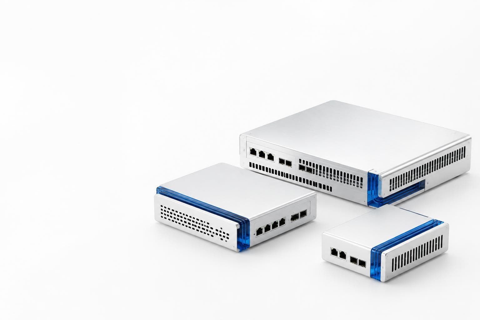 Illustrative white server hardware with cobalt-blue detailing